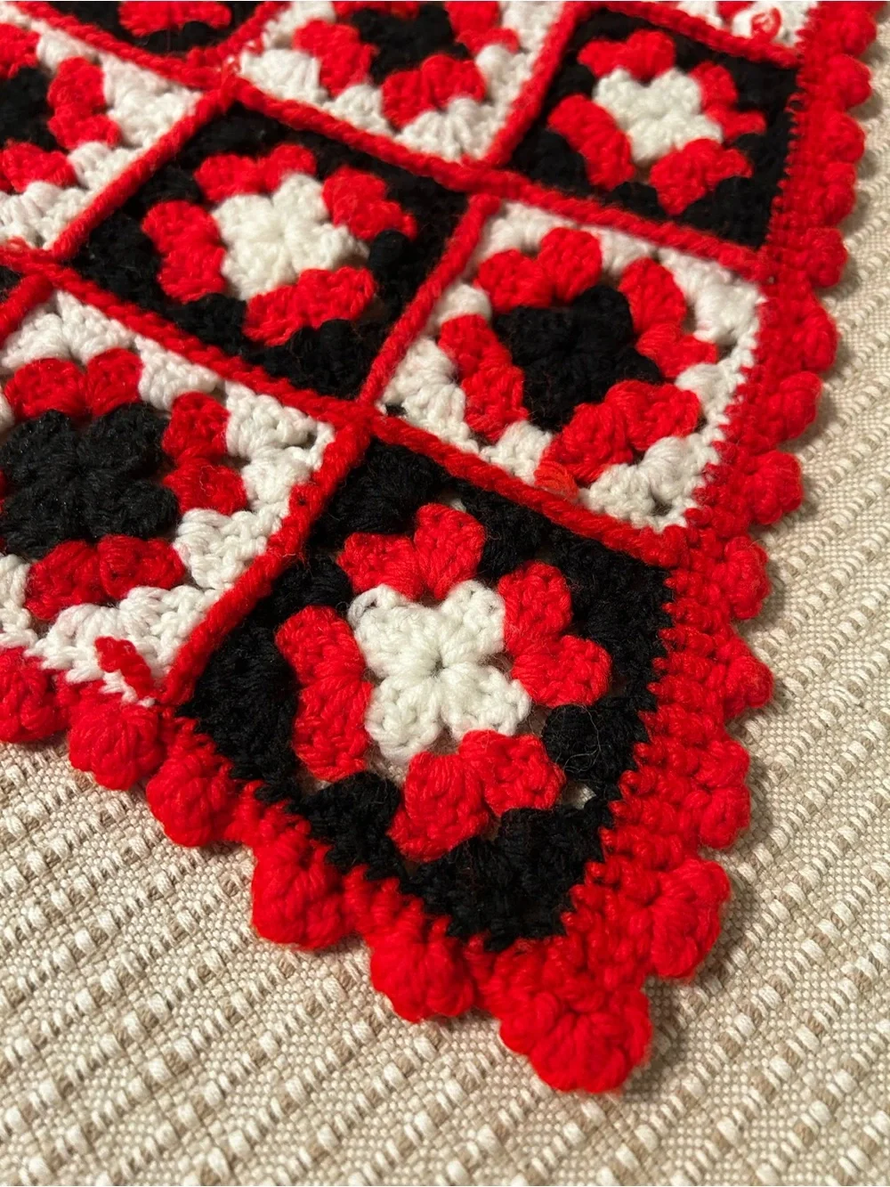 Handmade Crochet Granny Square Throw - Red, Black & White
